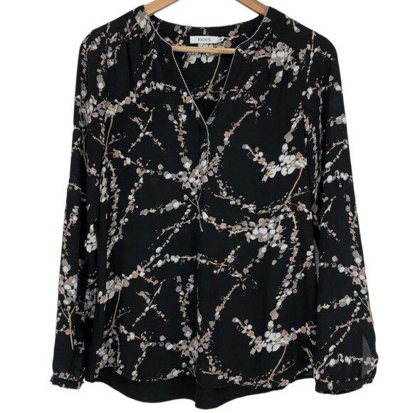Ricki’s Black + Pale Pink floral petal print V-neck blouse roll-up long sleeve S - Picture 1 of 14